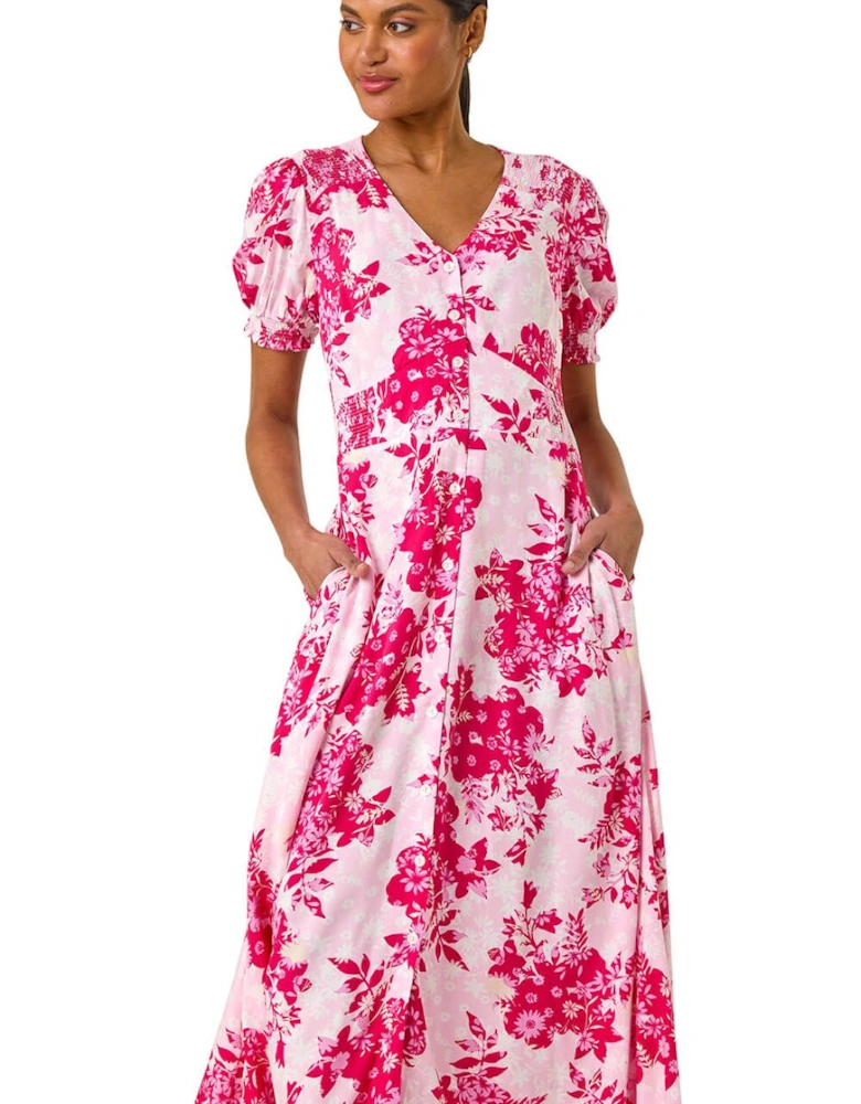 Button Through Floral Shirred Midi Dress