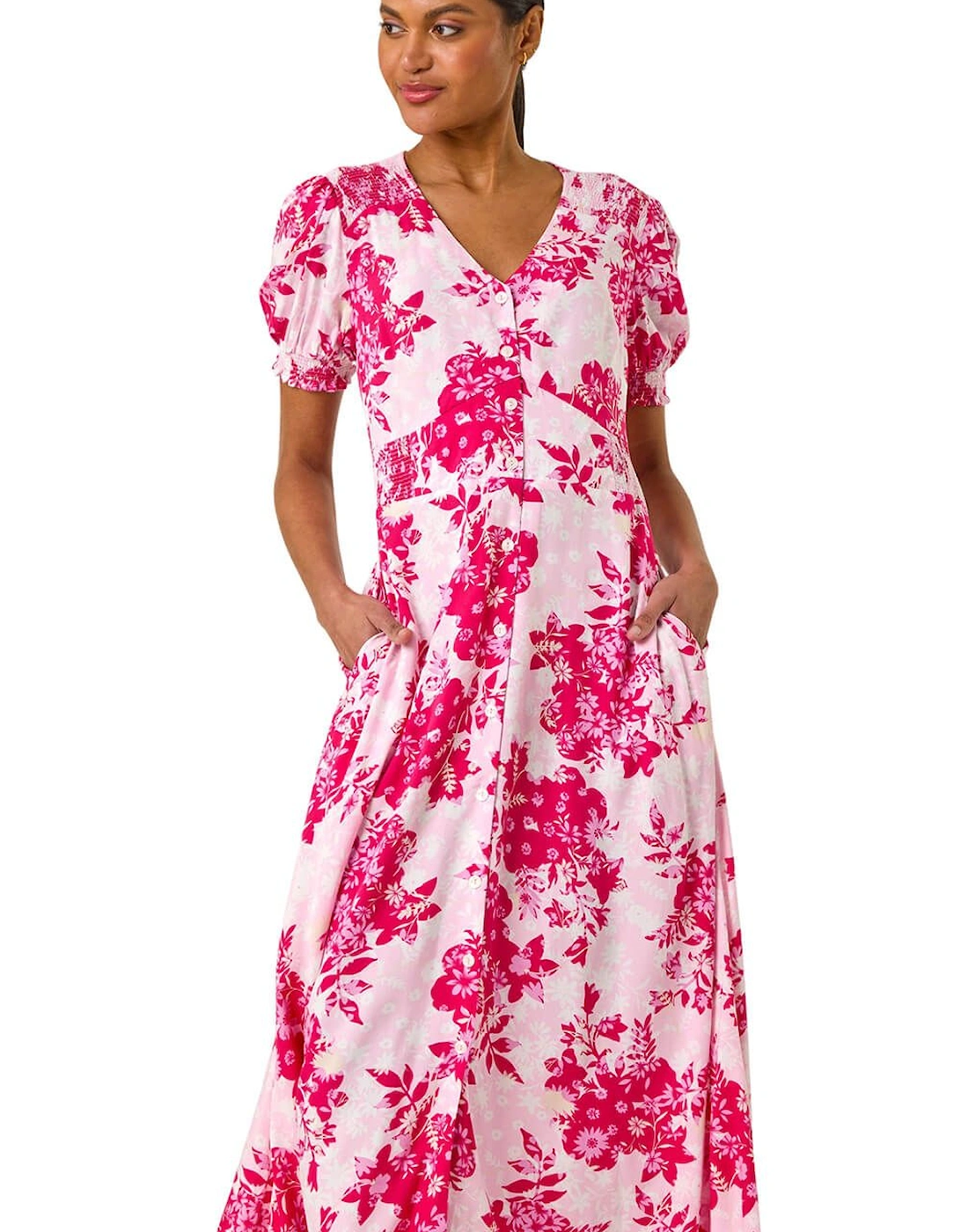 Button Through Floral Shirred Midi Dress, 2 of 1