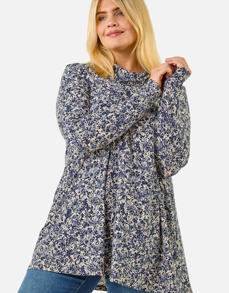 Curve Spot Print Cowl Neck Top