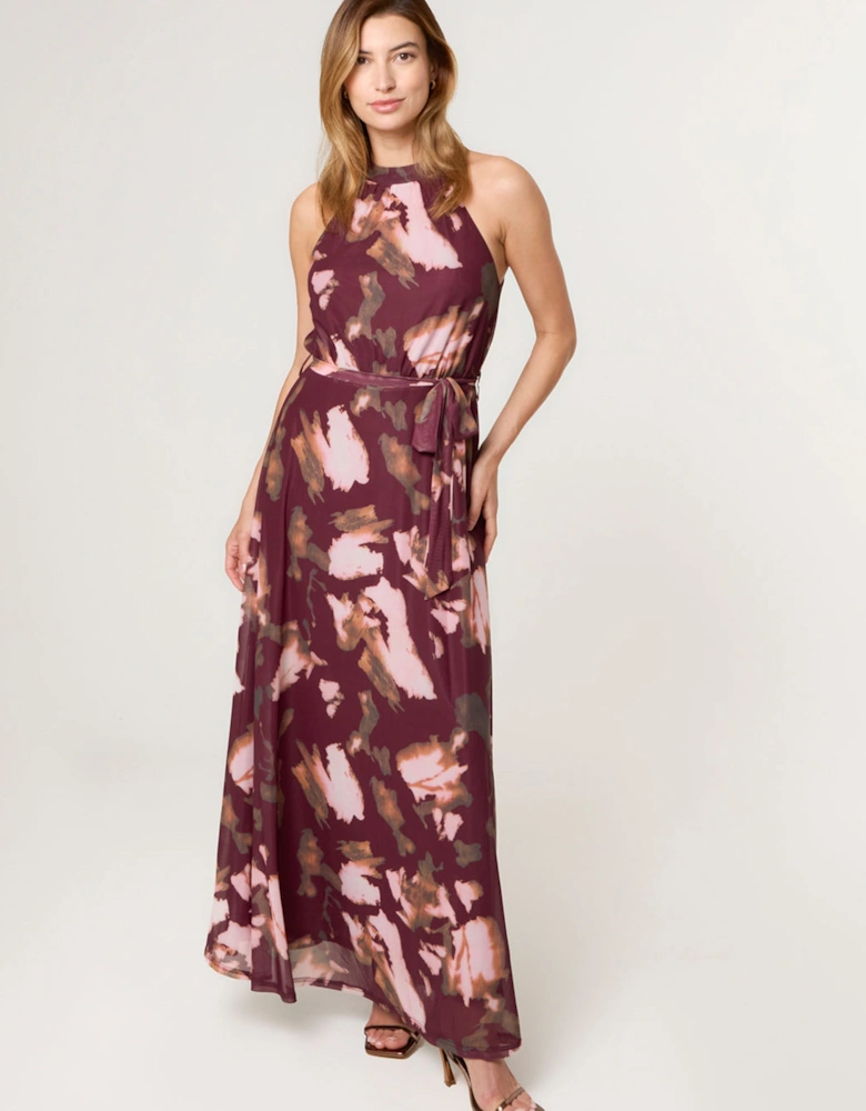 Wine Mesh Halterneck Belted Maxi Dress