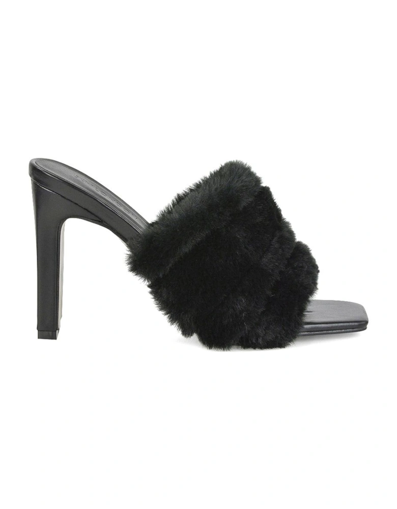 'Hunter' Fluffy Faux Fur Square Toe Slim Block Heel Mules