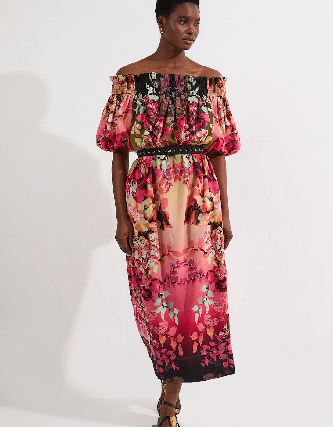 Voile Mirrored Floral Woven Bardot Midi Dress, 2 of 1