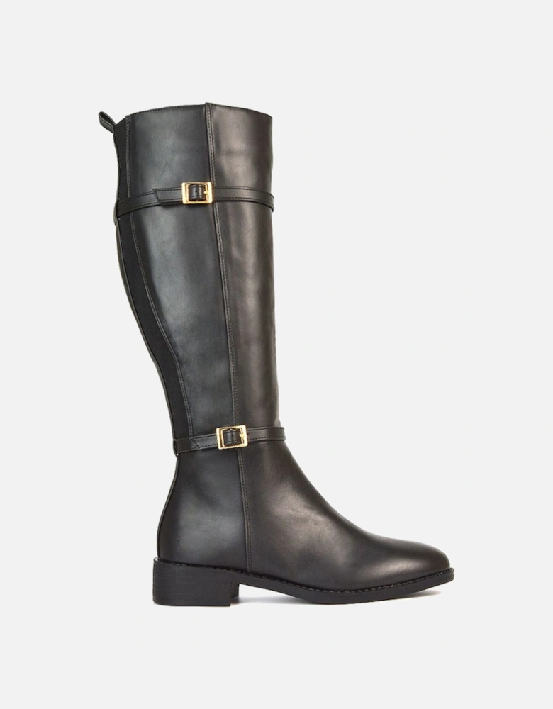 'Ellis' Flat Heel Stretch Knee High Long Boots With Buckle Details