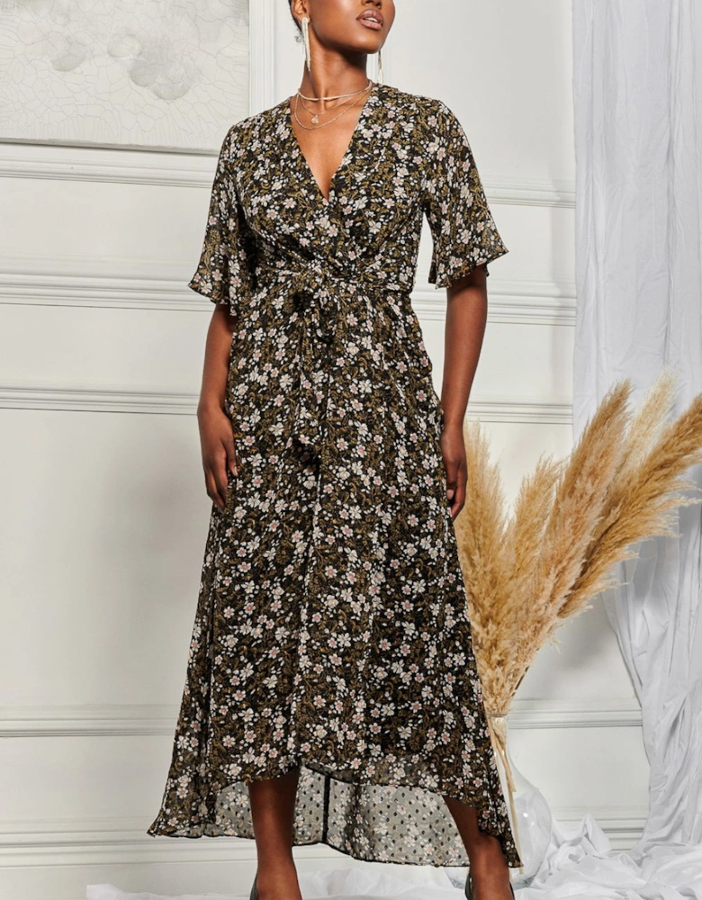 Angel Sleeve Wrap Tie Front Maxi Dress