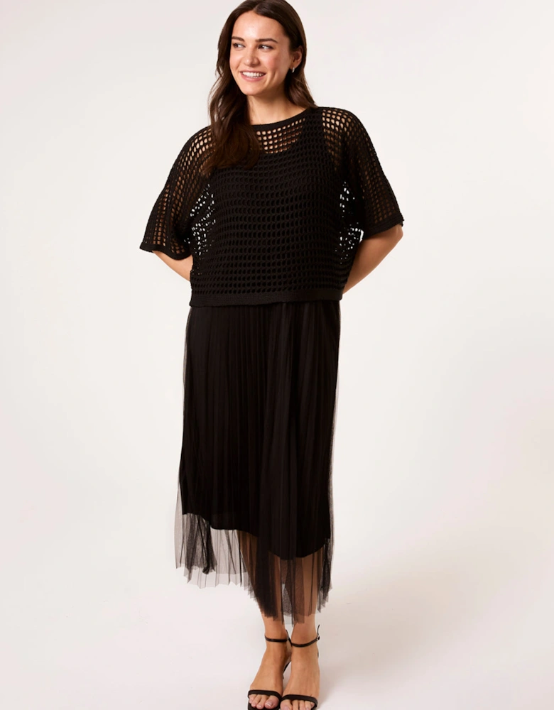 Black Crochet Top Pleat Dress