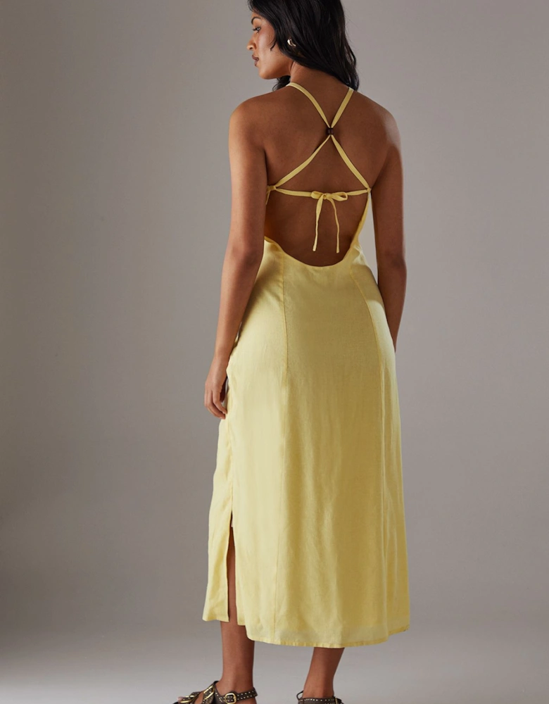 Premium Linen Blend Racer Tie Back Midi Dress