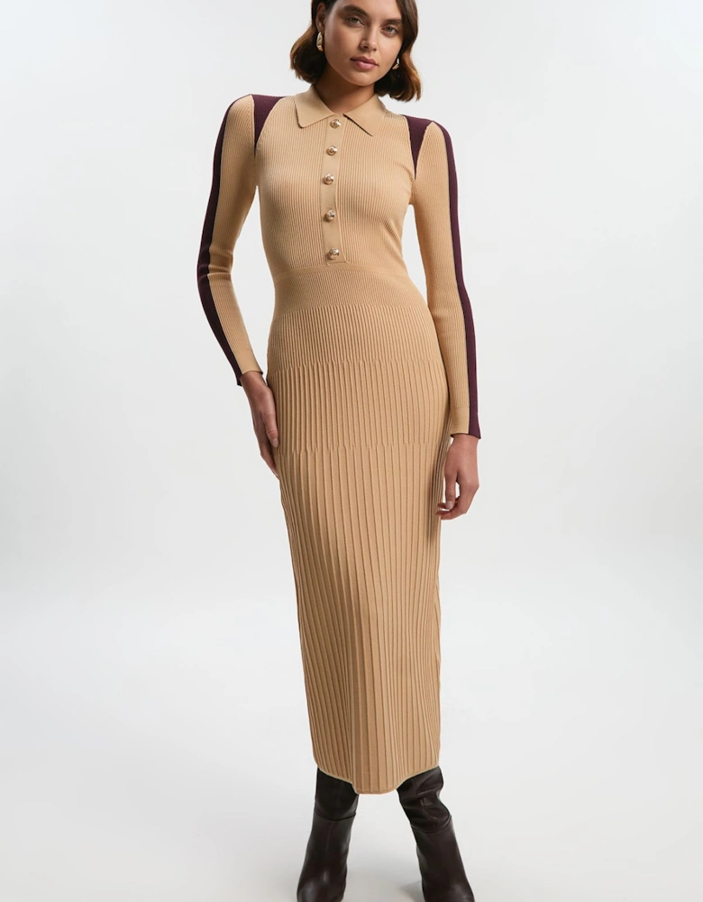 Rib Knit Military Colour Block Midi Dress