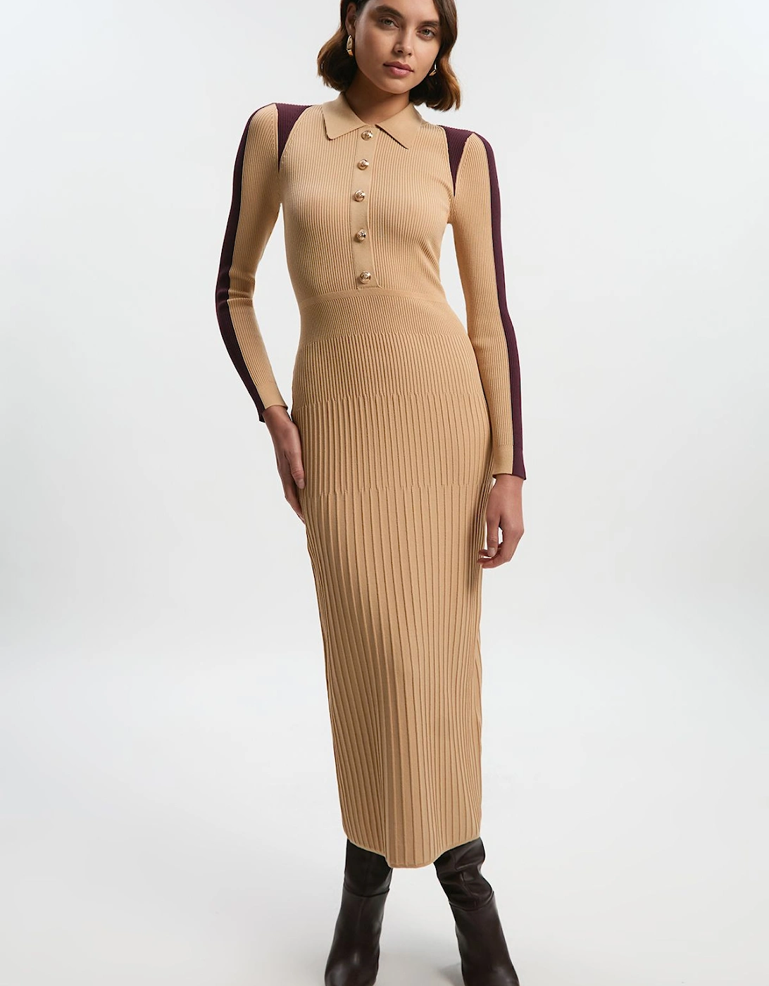Rib Knit Military Colour Block Midi Dress, 2 of 1