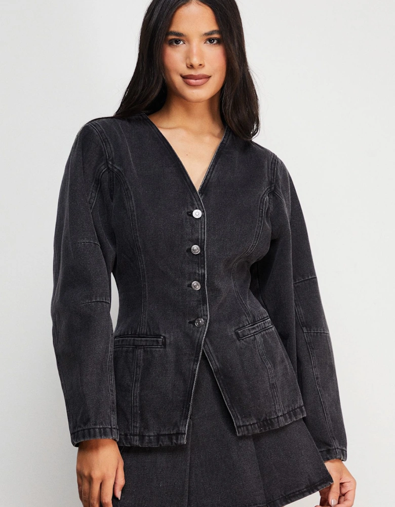 Balloon Sleeve Nipped Waist Denim Jacket