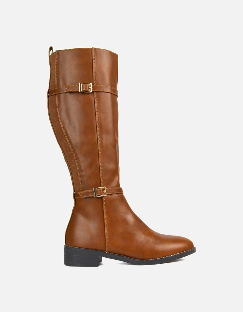 'Ellis' Flat Heel Stretch Knee High Long Boots With Buckle Details