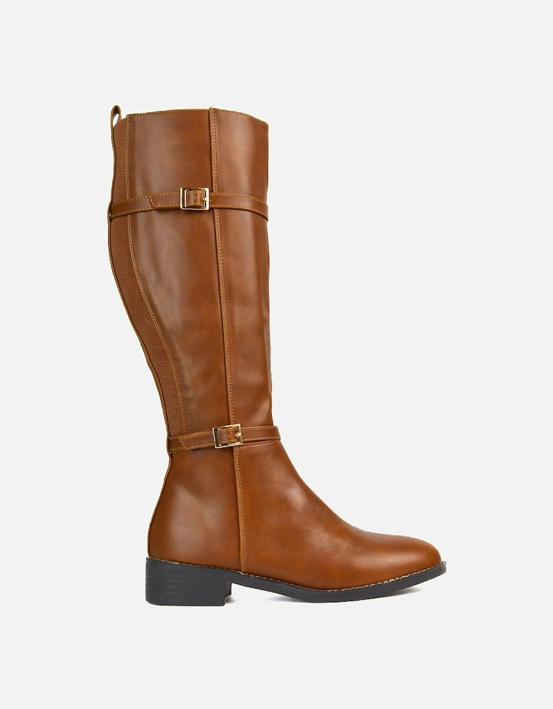 'Ellis' Flat Heel Stretch Knee High Long Boots With Buckle Details, 2 of 1