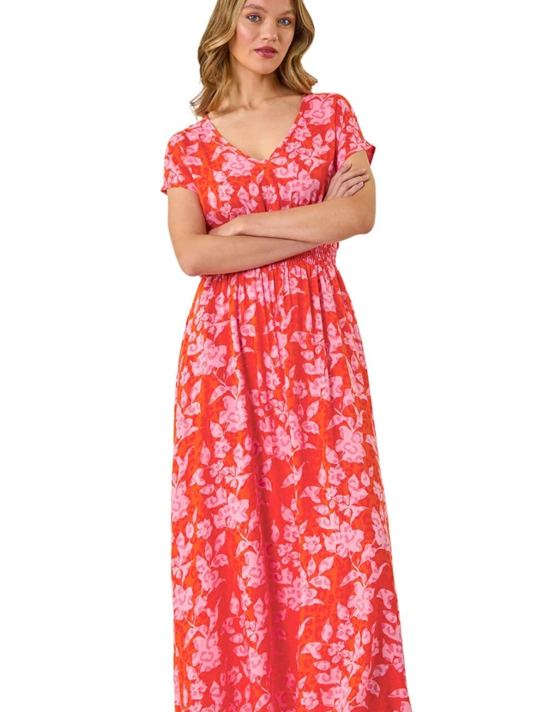 Floral Print Shirred Maxi Dress