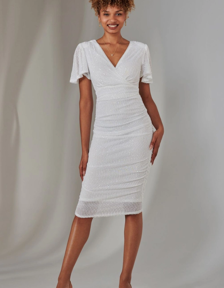 Flare Sleeve Ruched Sequin Dress