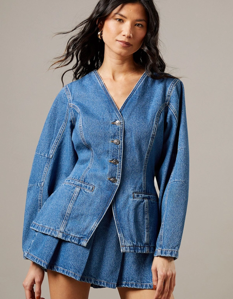 Balloon Sleeve Nipped Waist Denim Jacket