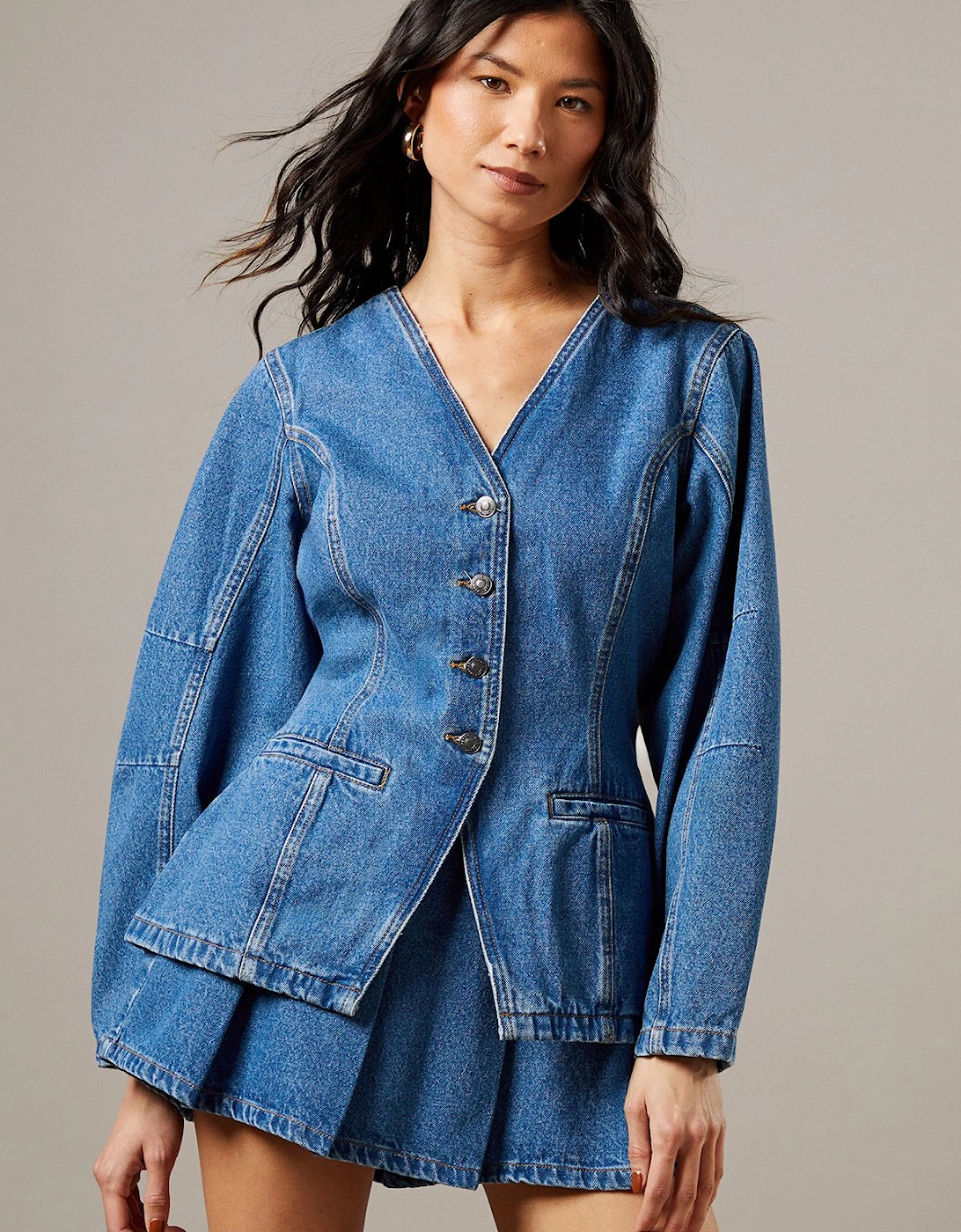 Balloon Sleeve Nipped Waist Denim Jacket, 2 of 1