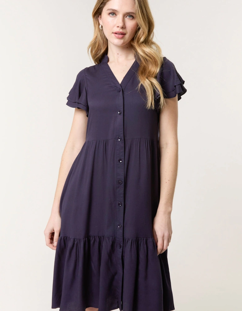 Navy Angel Sleeve Button Front Midi Dress