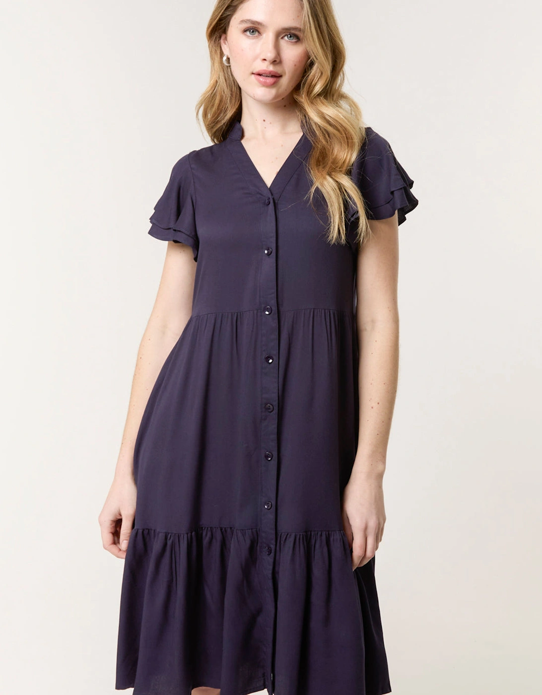 Navy Angel Sleeve Button Front Midi Dress, 2 of 1