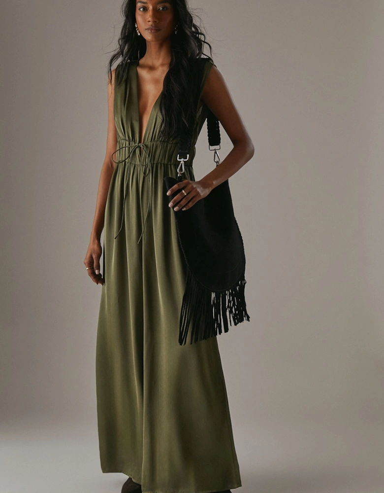 Crinkle Satin Plunge Neck Tie Detail Jumpsuit