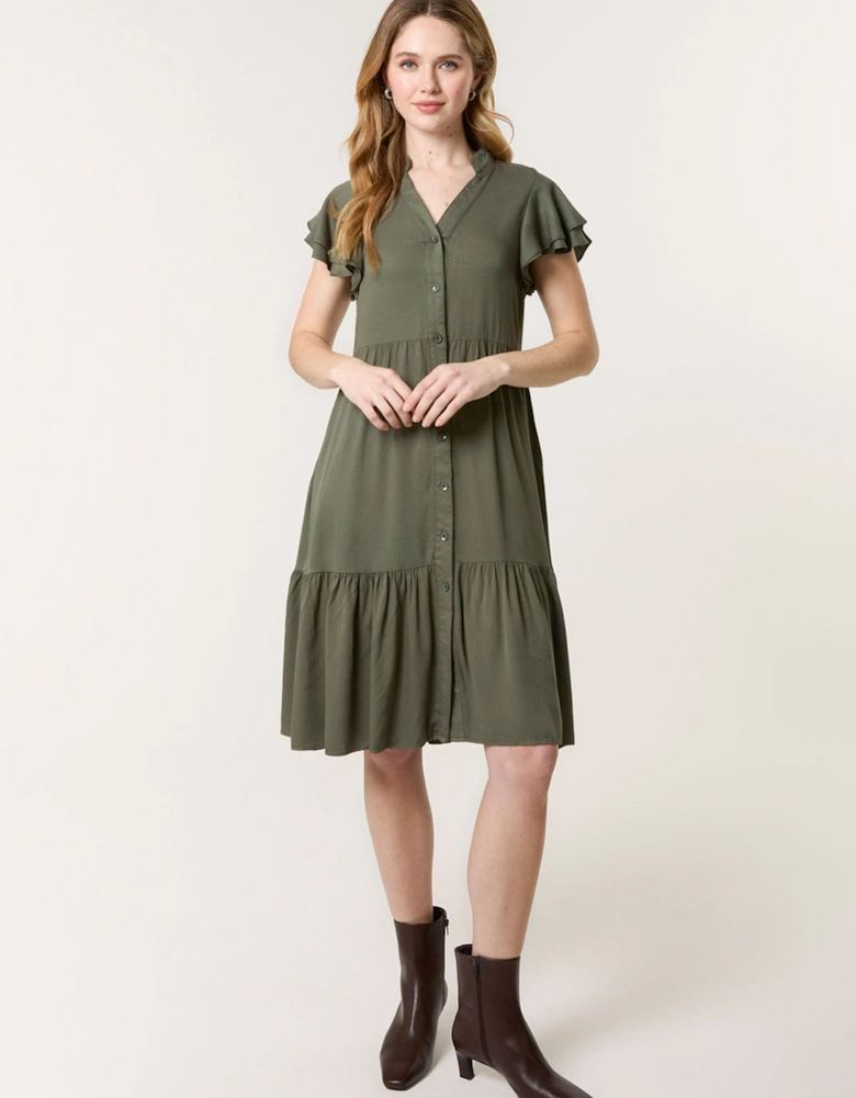 Khaki Angel Sleeve Button Front Midi Dress