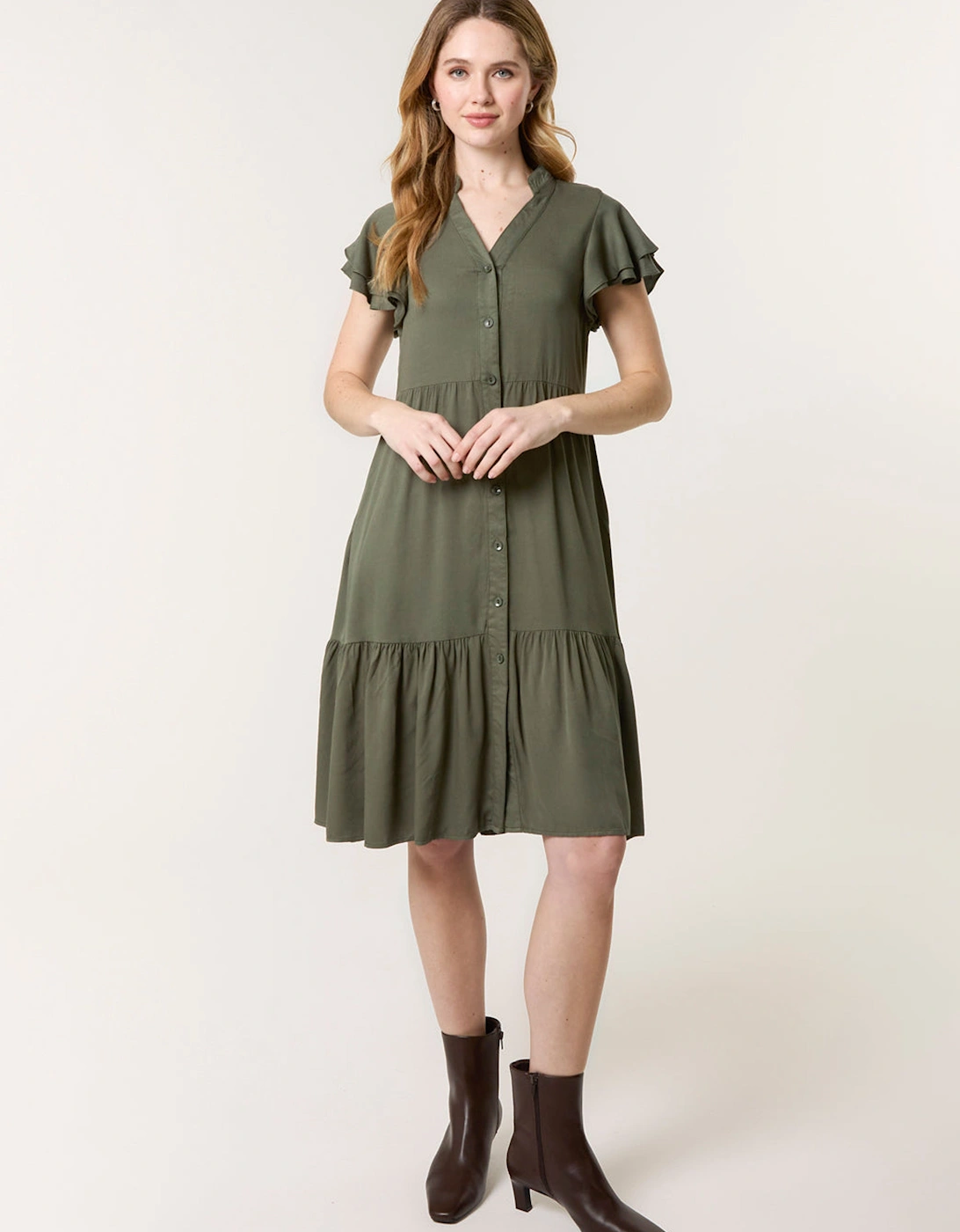 Khaki Angel Sleeve Button Front Midi Dress, 2 of 1