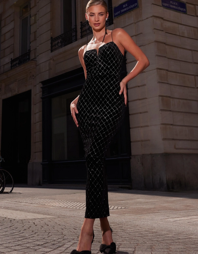 Black Velvet Diamante Midi Dress