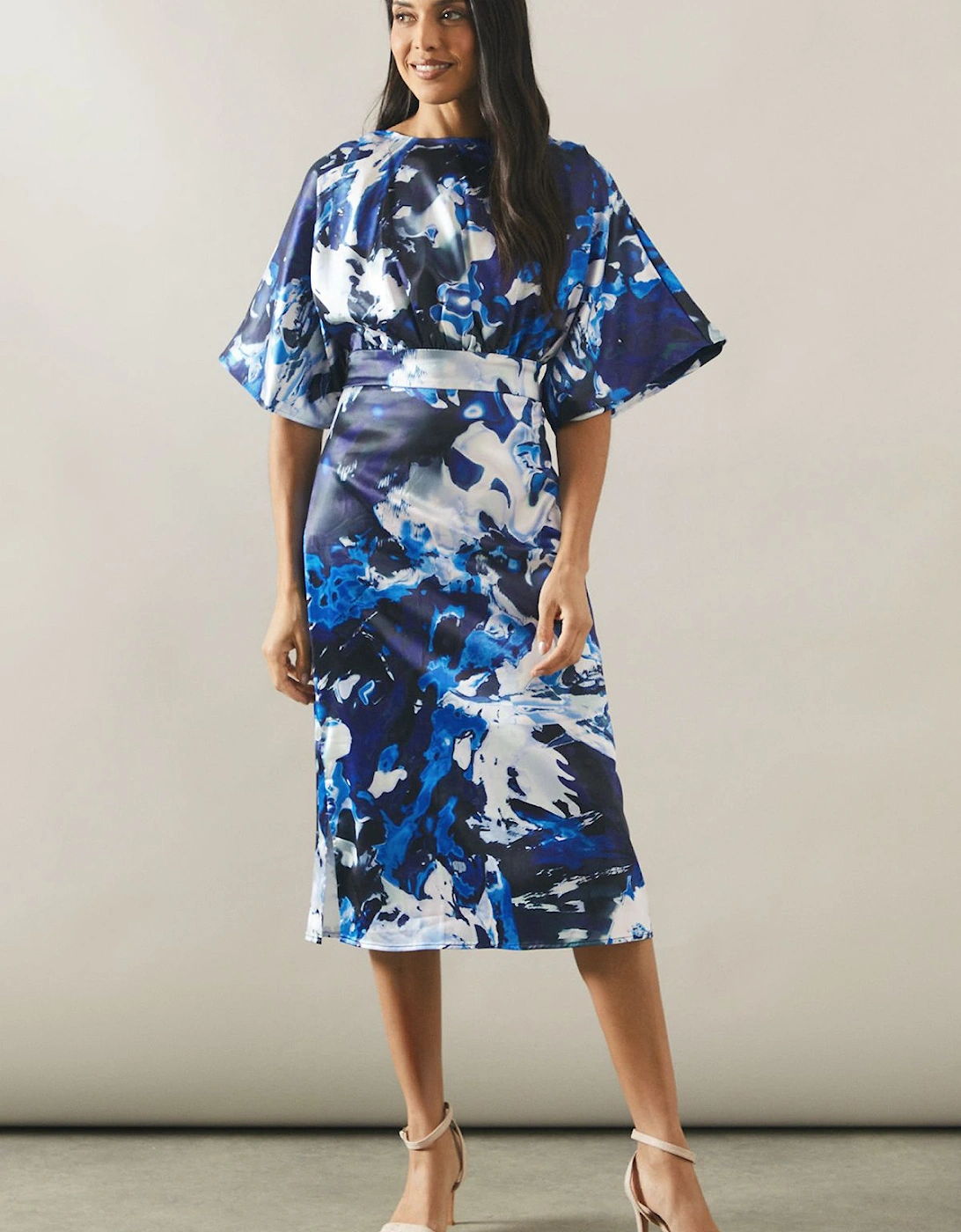 Printed Satin Tie Back Midi Dress, 2 of 1