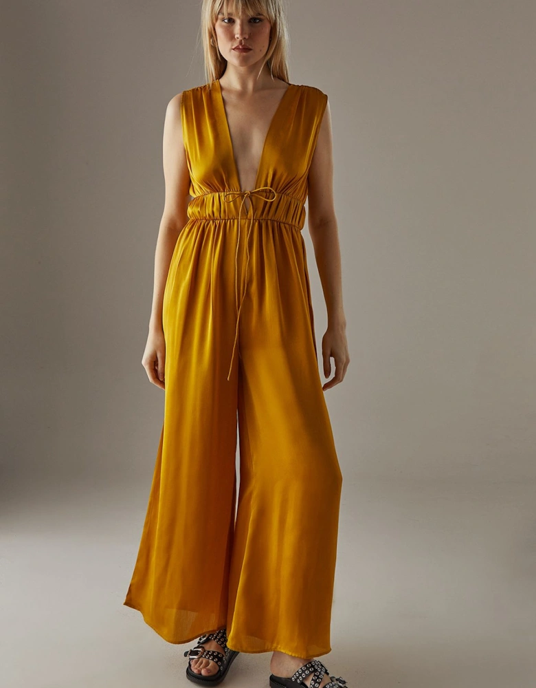 Crinkle Satin Plunge Neck Tie Detail Jumpsuit
