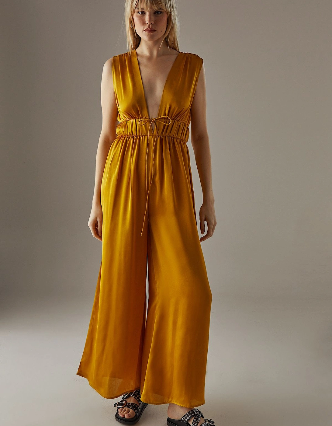 Crinkle Satin Plunge Neck Tie Detail Jumpsuit, 2 of 1