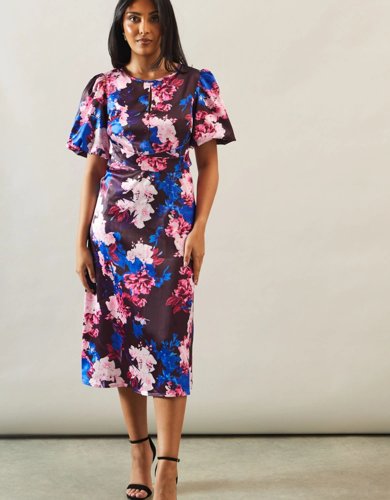 Petite Printed Satin Wrap Waist Midi Dress