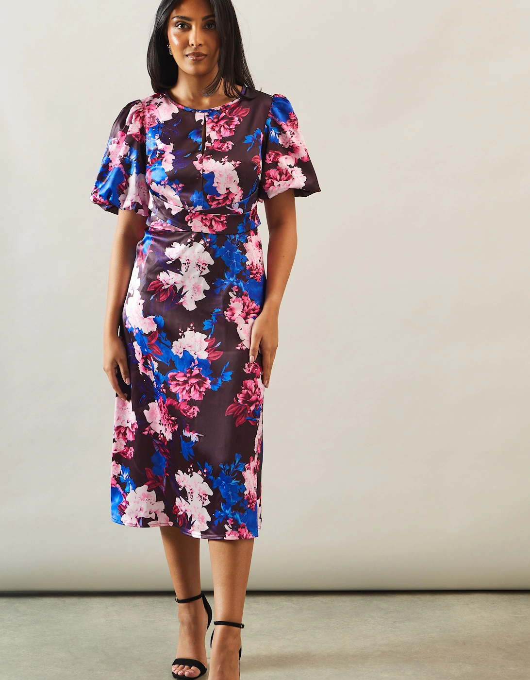 Petite Printed Satin Wrap Waist Midi Dress, 2 of 1