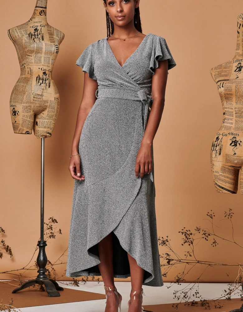 Metallic Effect Ruffle Hem Maxi Dress