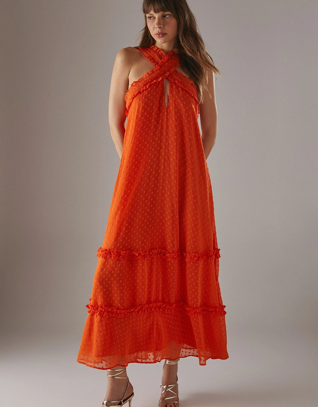 Dobby Chiffon Frill Halter Tier Ruffle Maxi Dress, 2 of 1