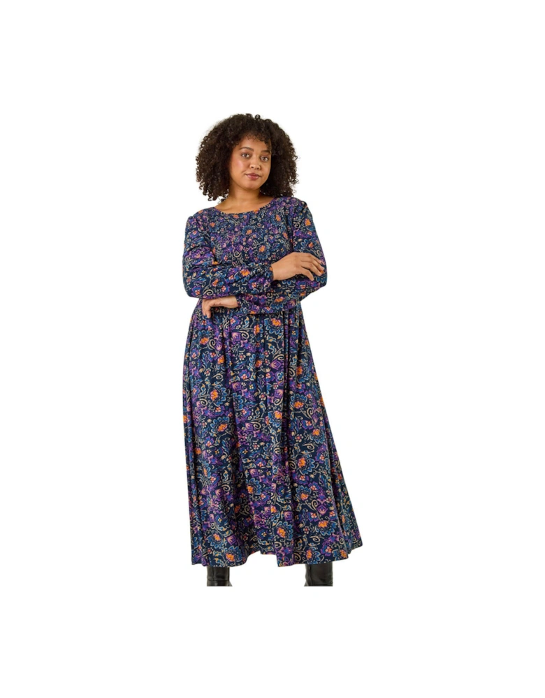 Curve Floral Print Shirred Midi Dress