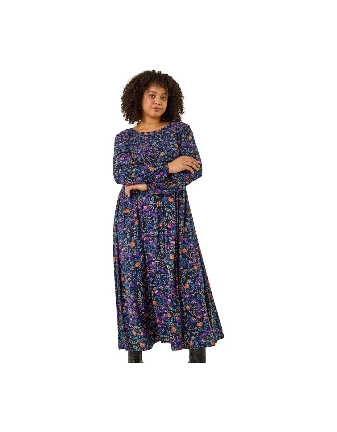 Curve Floral Print Shirred Midi Dress, 2 of 1