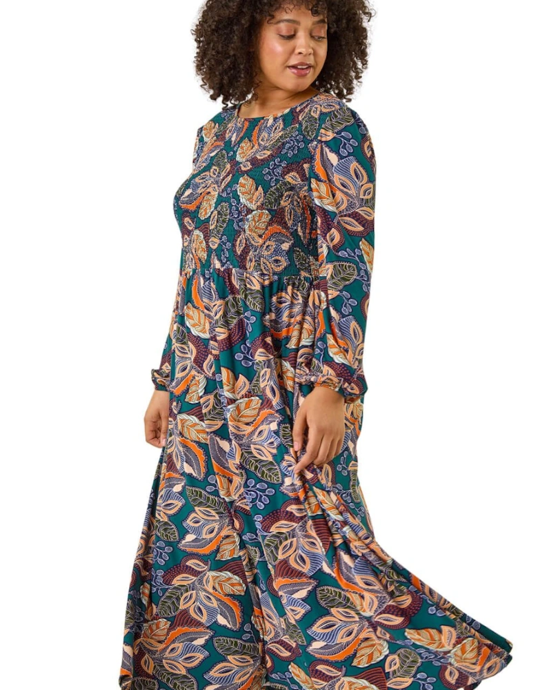 Curve Floral Print Shirred Midi Dress