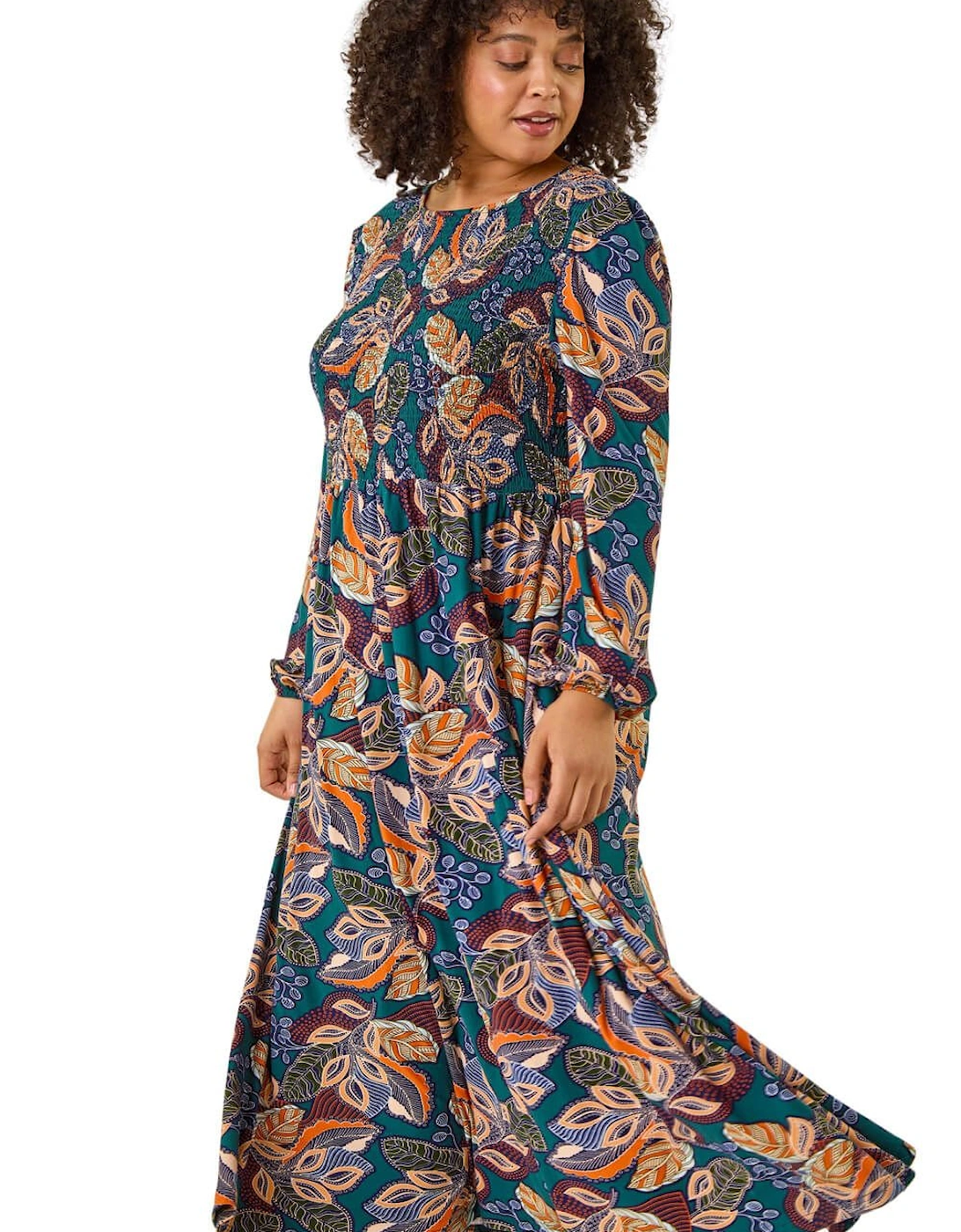 Curve Floral Print Shirred Midi Dress, 2 of 1