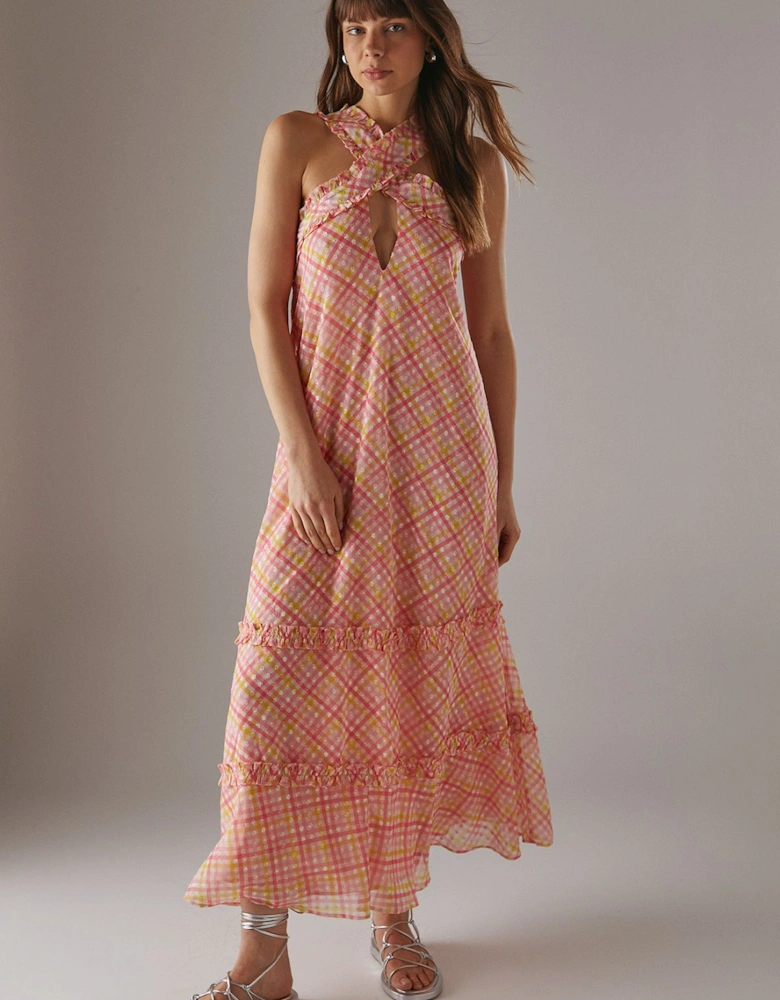 Dobby Chiffon Frill Halter Tier Ruffle Maxi Dress