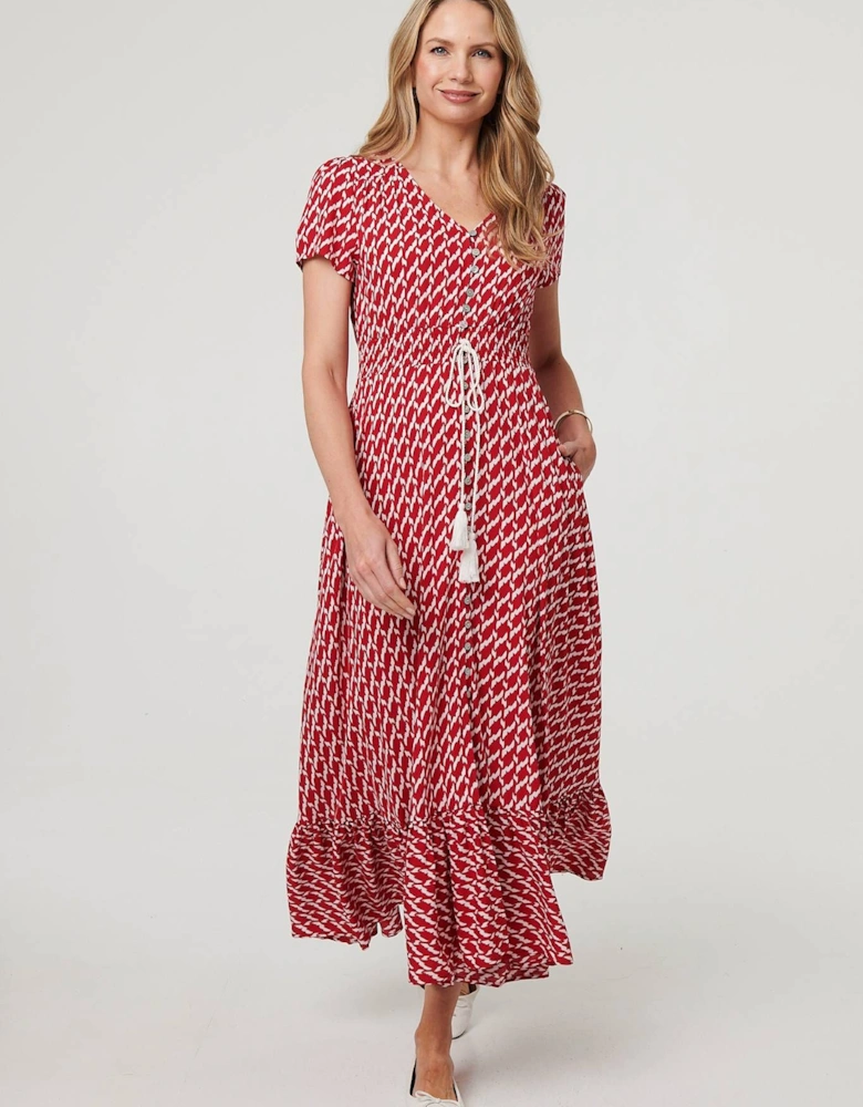 Printed Smocked Tie Waist Maxi Dress