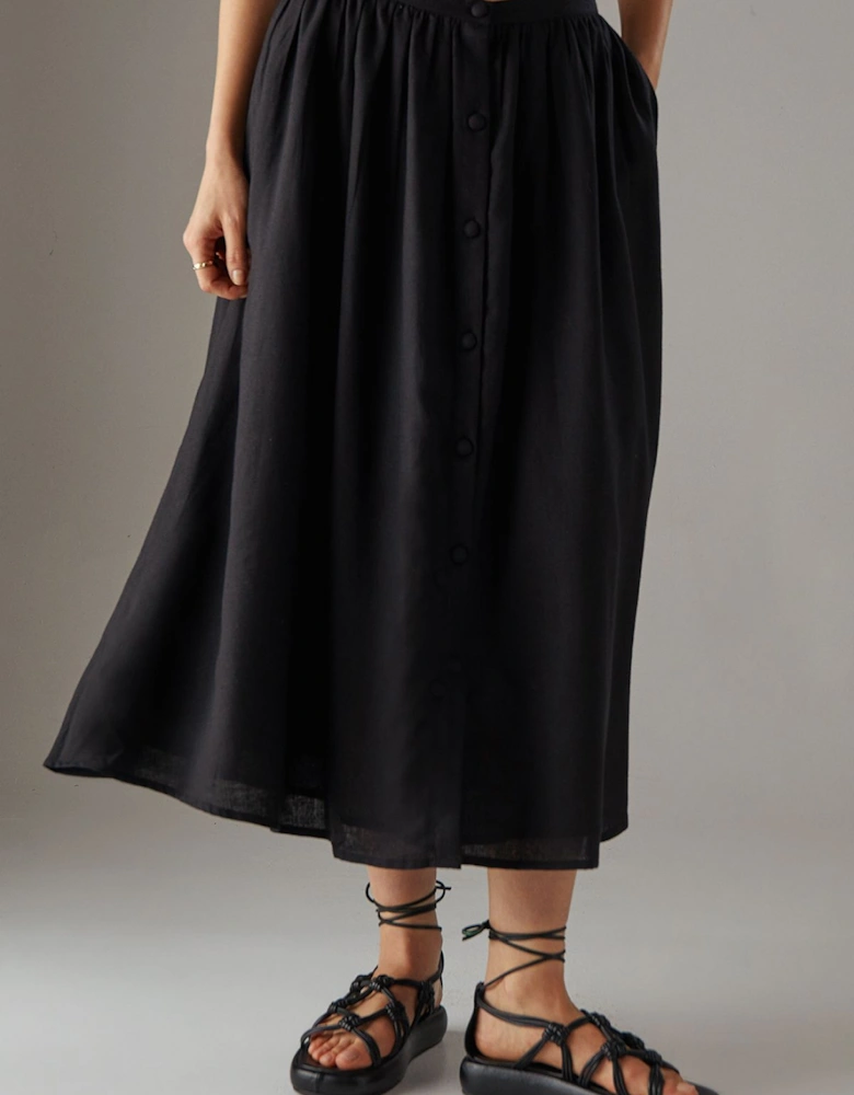 Premium Linen Blend Drop Waist Button Through Maxi Skirt