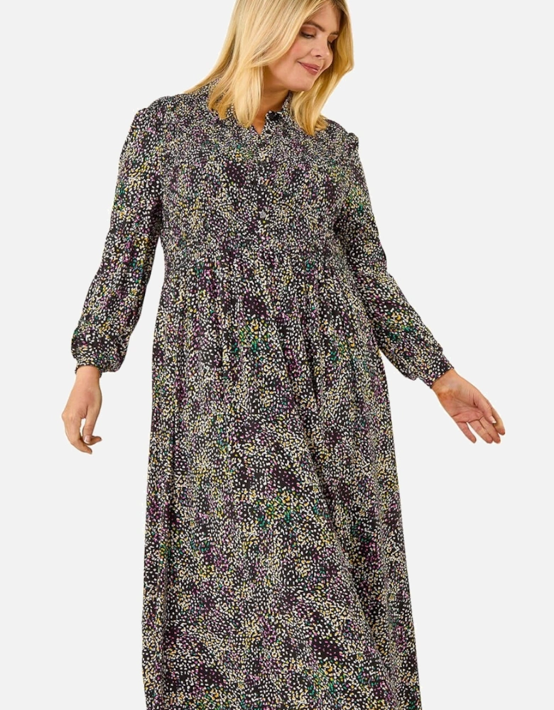 Curve Abstract Print Shirred Midi Dress
