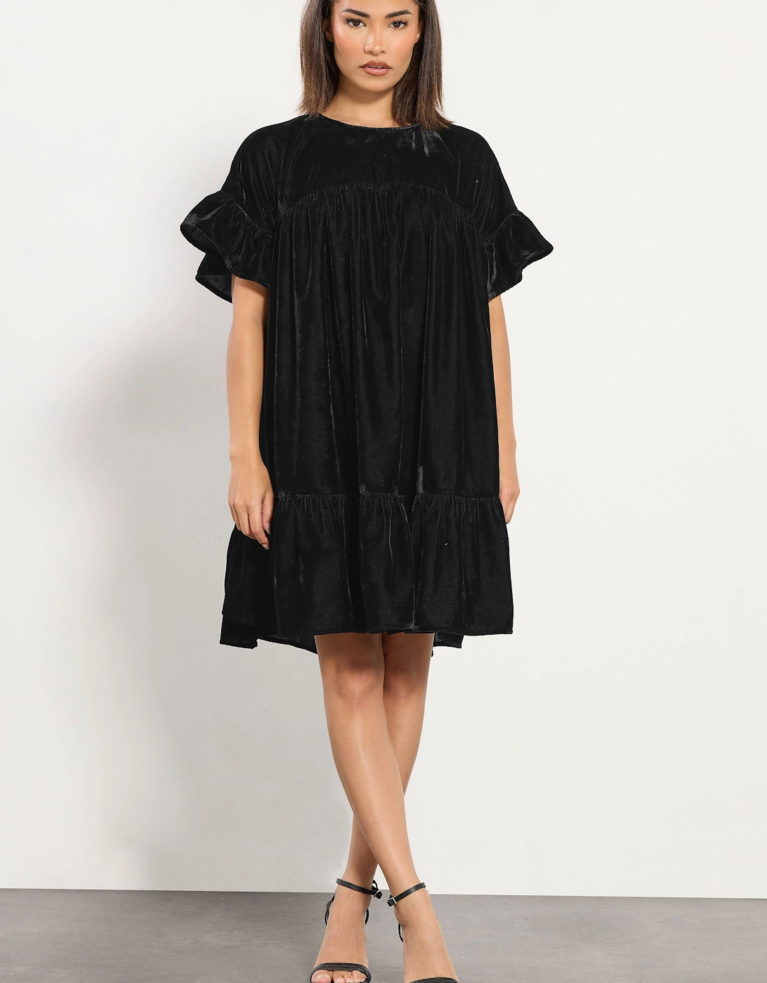 Petite Velvet Frill Smock Mini Dress, 2 of 1