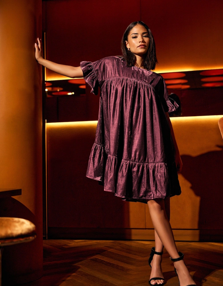 Petite Velvet Frill Smock Mini Dress