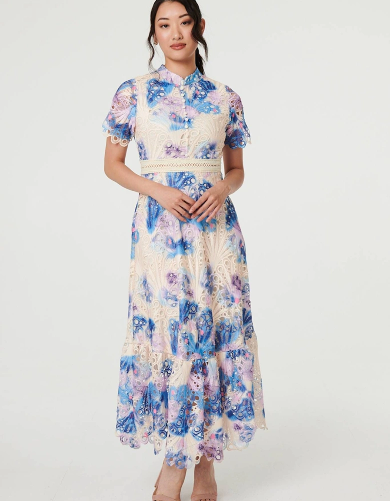 Floral Lace Trim High Neck Maxi Dress