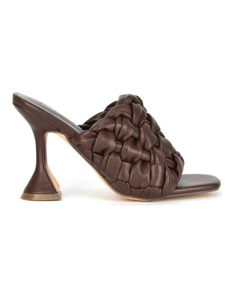 'Jaci' Woven Strap Square Toe Flared High Heel Mules