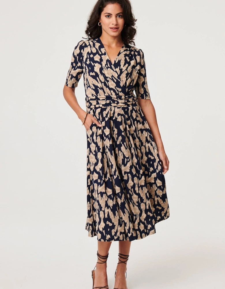 Printed Ruched 1/2 Sleeve Midi Dress