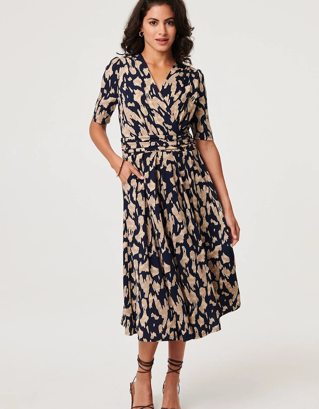 Printed Ruched 1/2 Sleeve Midi Dress, 2 of 1