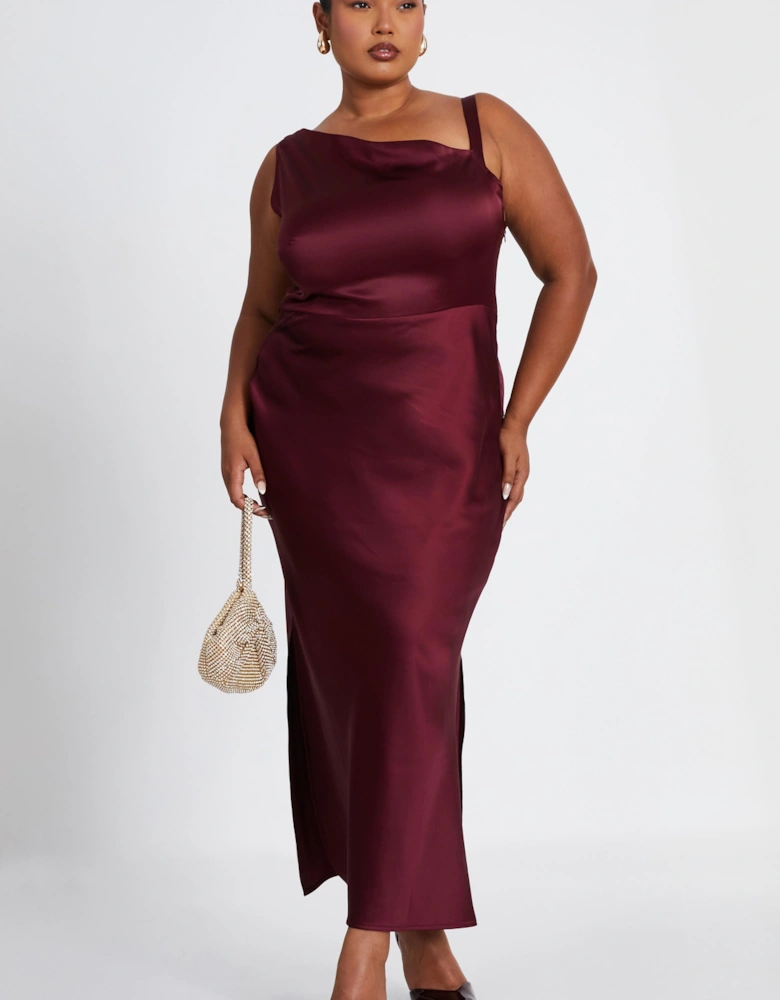 Wine Curve Satin Midaxi Dress