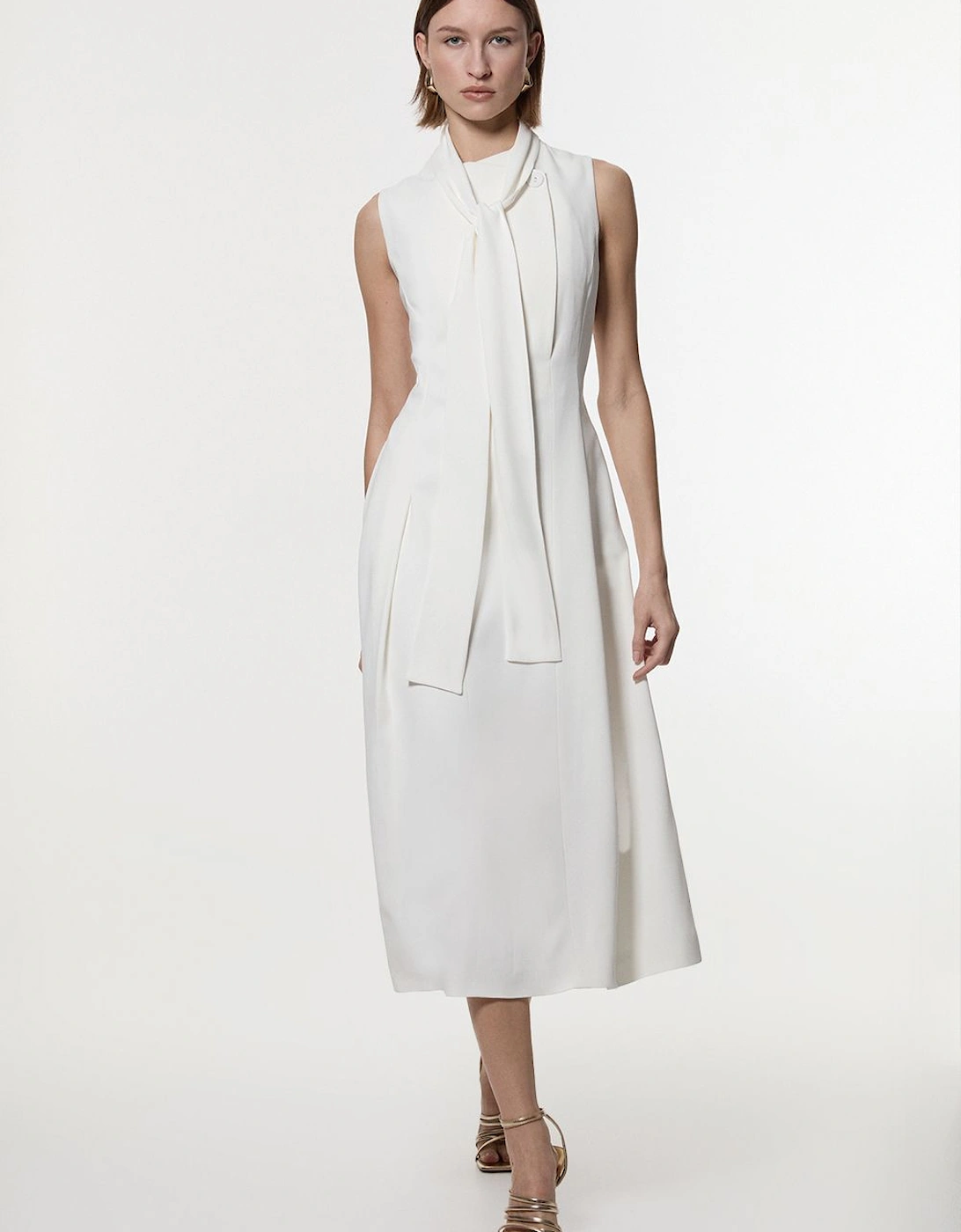 Compact Stretch Viscose Tie Neck Tailored Full Skirted Midi Dress, 2 of 1