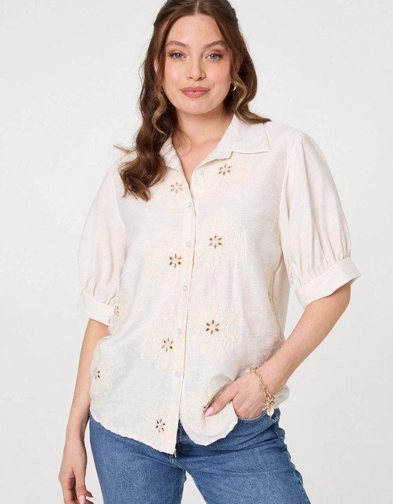 Floral Embroidered Puff Sleeve Blouse
