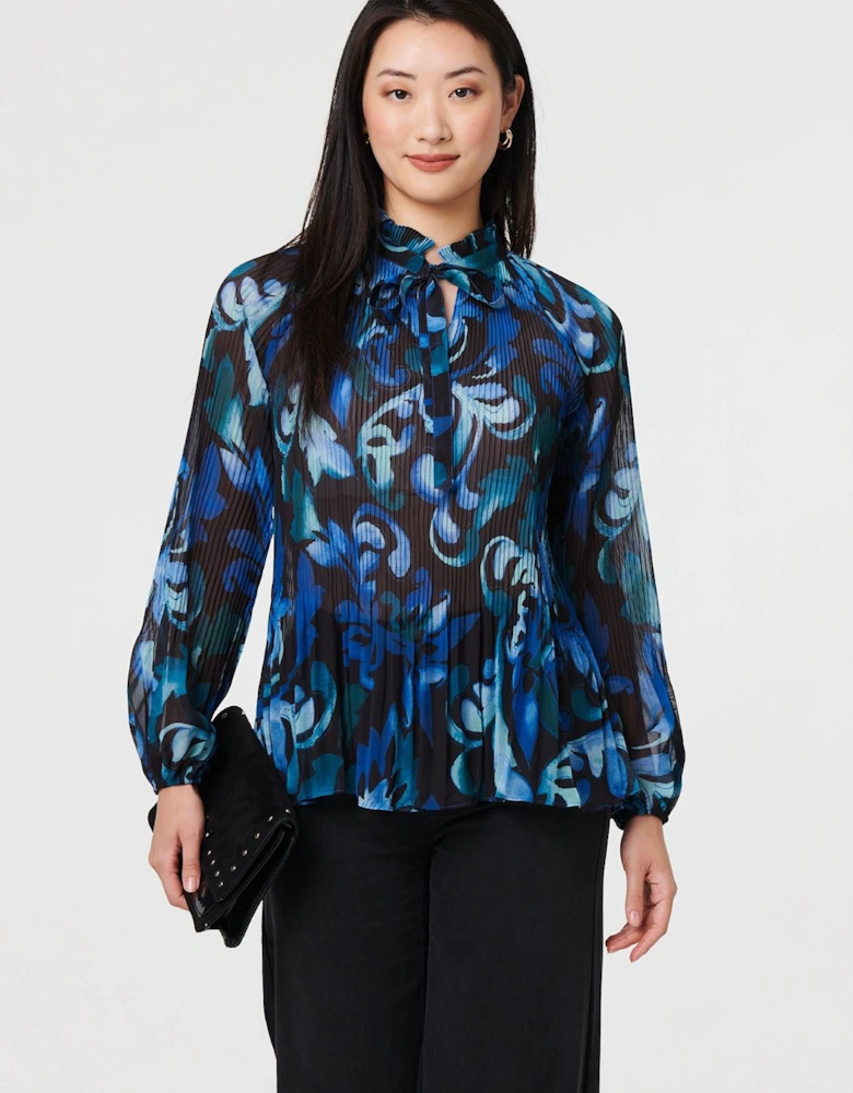 Printed Pleated Long Sleeve Tunic Blouse